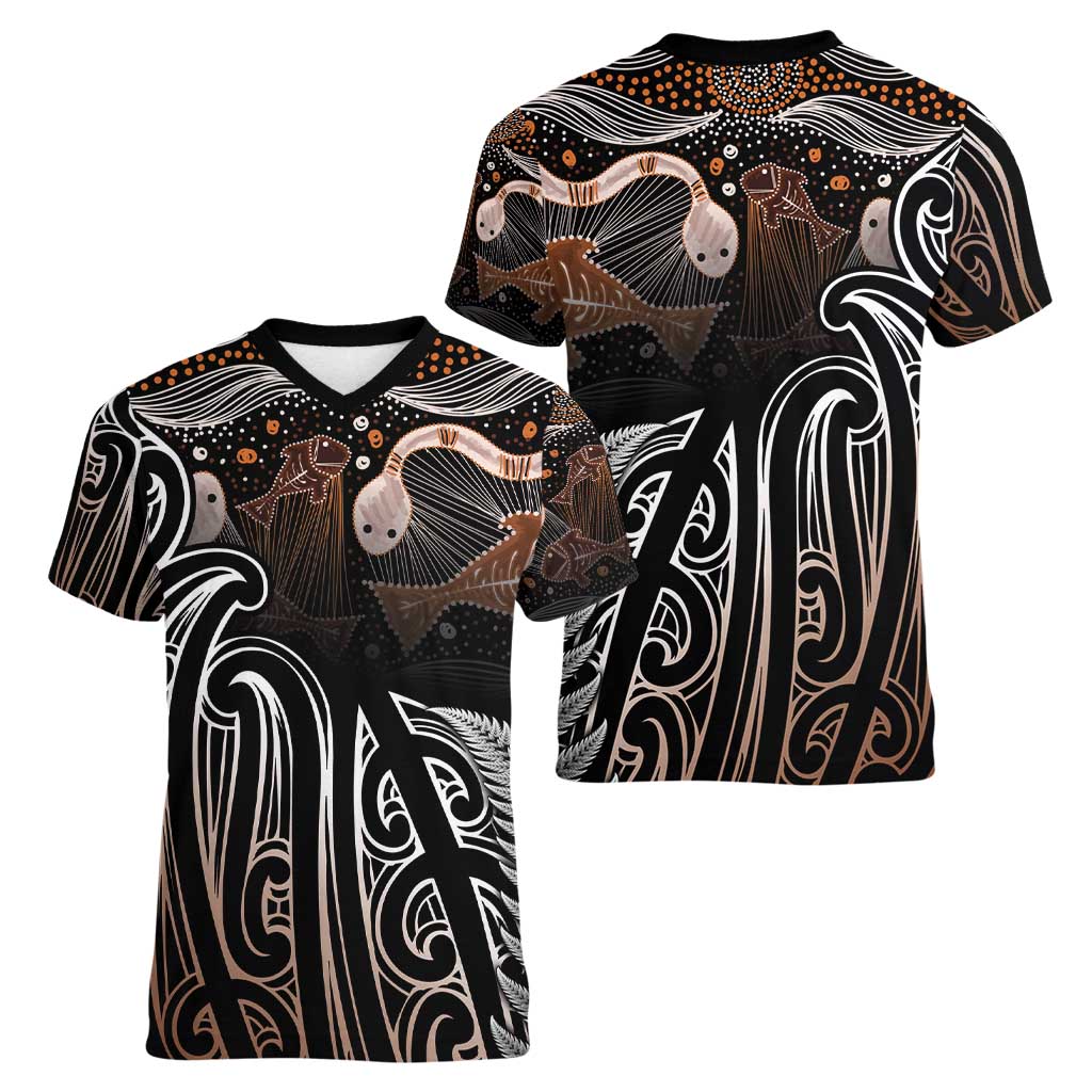 Aotearoa Maori - Australia Indigenous Women V-Neck T-Shirt Koiri Whakairo Mix Aboriginal Art - Polynesian Pride