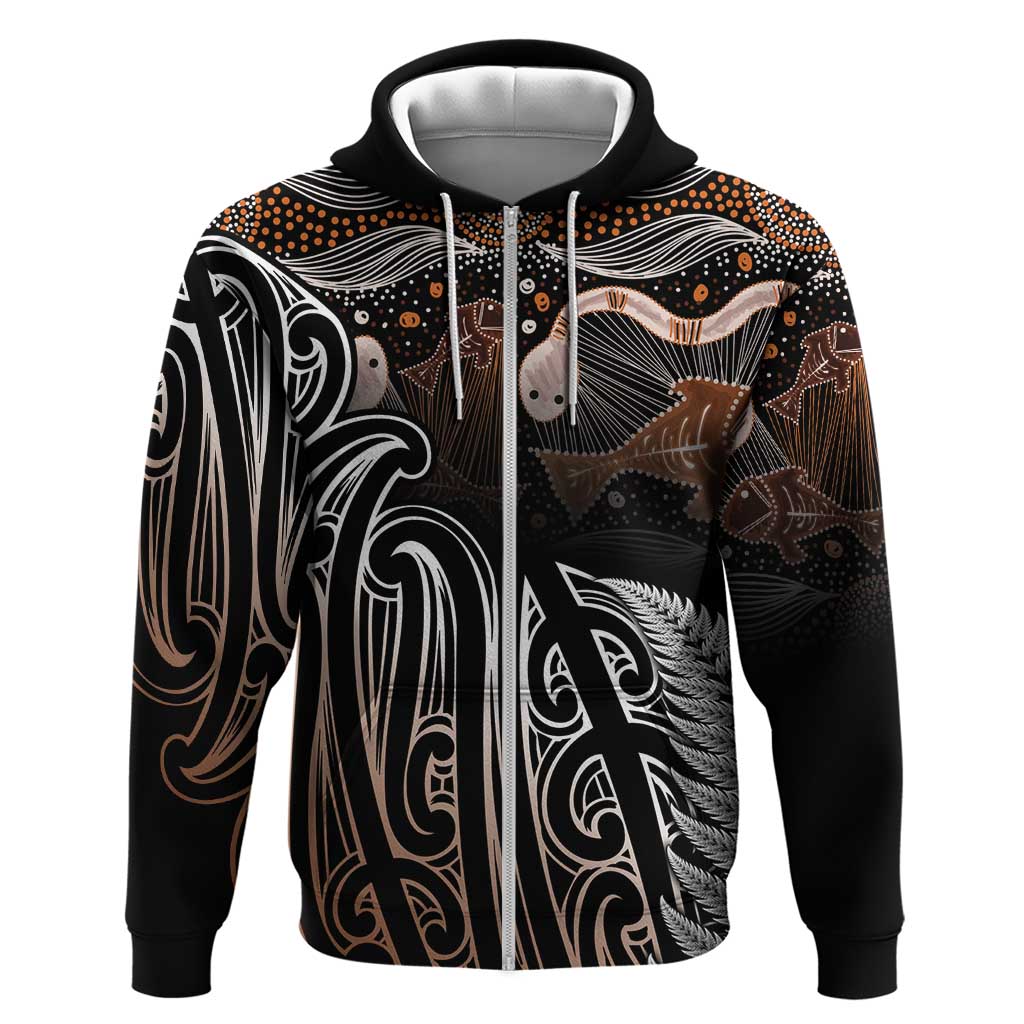 Aotearoa Maori - Australia Indigenous Zip Hoodie Koiri Whakairo Mix Aboriginal Art - Polynesian Pride