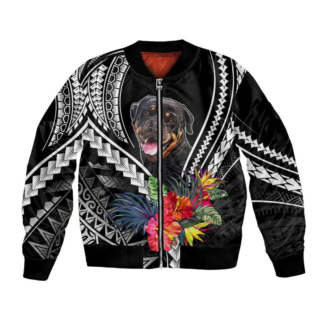 Personalised Polynesian Dog Bomber Jacket Rottweiler With Polynesia Pattern Curve Style LT7 Unisex Black - Polynesian Pride