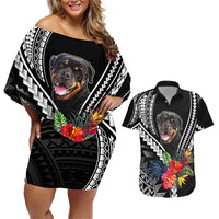 Personalised Polynesian Dog Couples Matching Off Shoulder Short Dress and Hawaiian Shirt Rottweiler With Polynesia Pattern Curve Style LT7 Black - Polynesian Pride