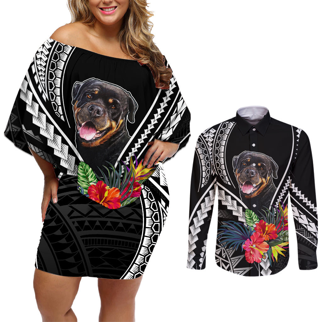 Personalised Polynesian Dog Couples Matching Off Shoulder Short Dress and Long Sleeve Button Shirts Rottweiler With Polynesia Pattern Curve Style LT7 Black - Polynesian Pride