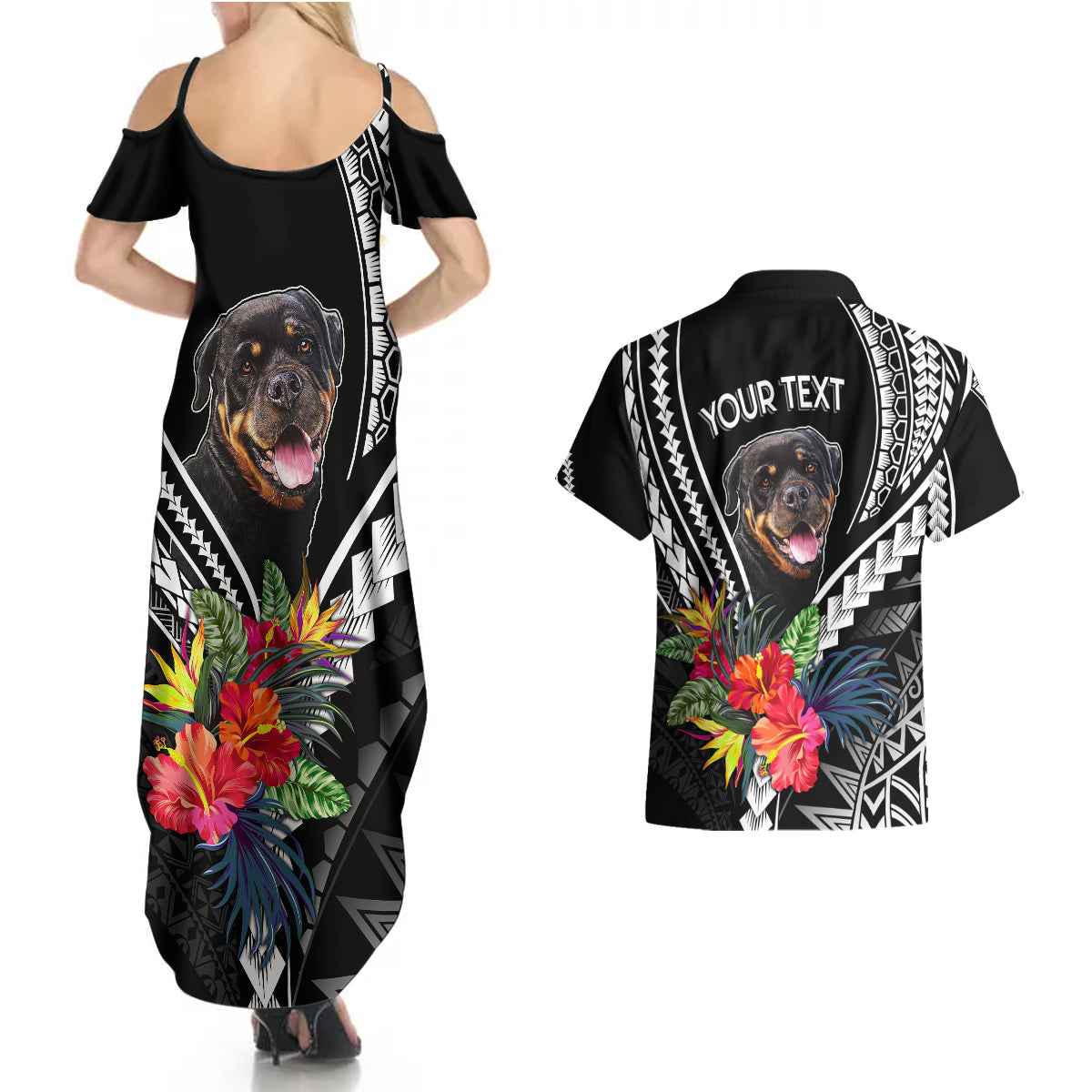 Personalised Polynesian Dog Couples Matching Summer Maxi Dress and Hawaiian Shirt Rottweiler With Polynesia Pattern Curve Style LT7 - Polynesian Pride