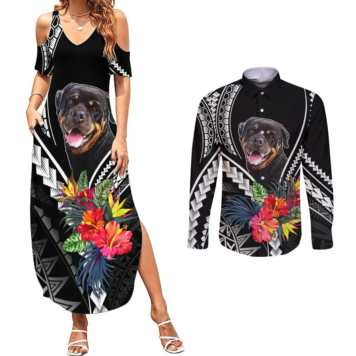 Personalised Polynesian Dog Couples Matching Summer Maxi Dress and Long Sleeve Button Shirts Rottweiler With Polynesia Pattern Curve Style LT7 Black - Polynesian Pride