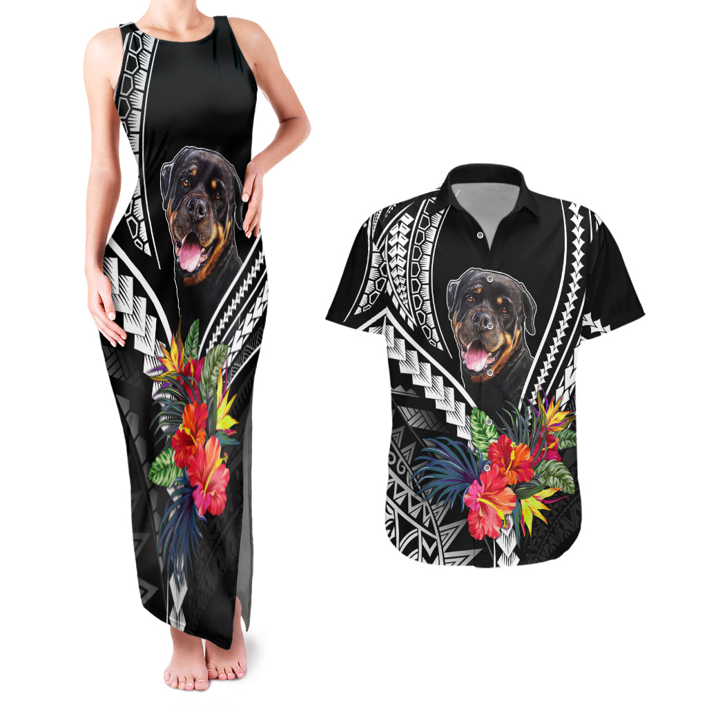 Personalised Polynesian Dog Couples Matching Tank Maxi Dress And Hawaiian Shirt Rottweiler With Polynesia Pattern Curve Style LT7 Black - Polynesian Pride