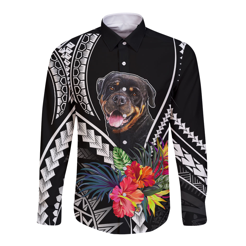 Personalised Polynesian Dog Long Sleeve Button Shirt Rottweiler With Polynesia Pattern Curve Style LT7 Unisex Black - Polynesian Pride