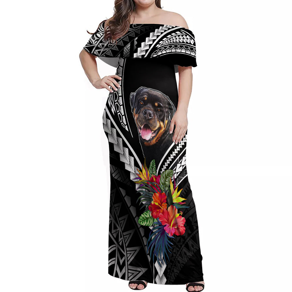 Personalised Polynesian Dog Off Shoulder Maxi Dress Rottweiler With Polynesia Pattern Curve Style LT7 Women Black - Polynesian Pride