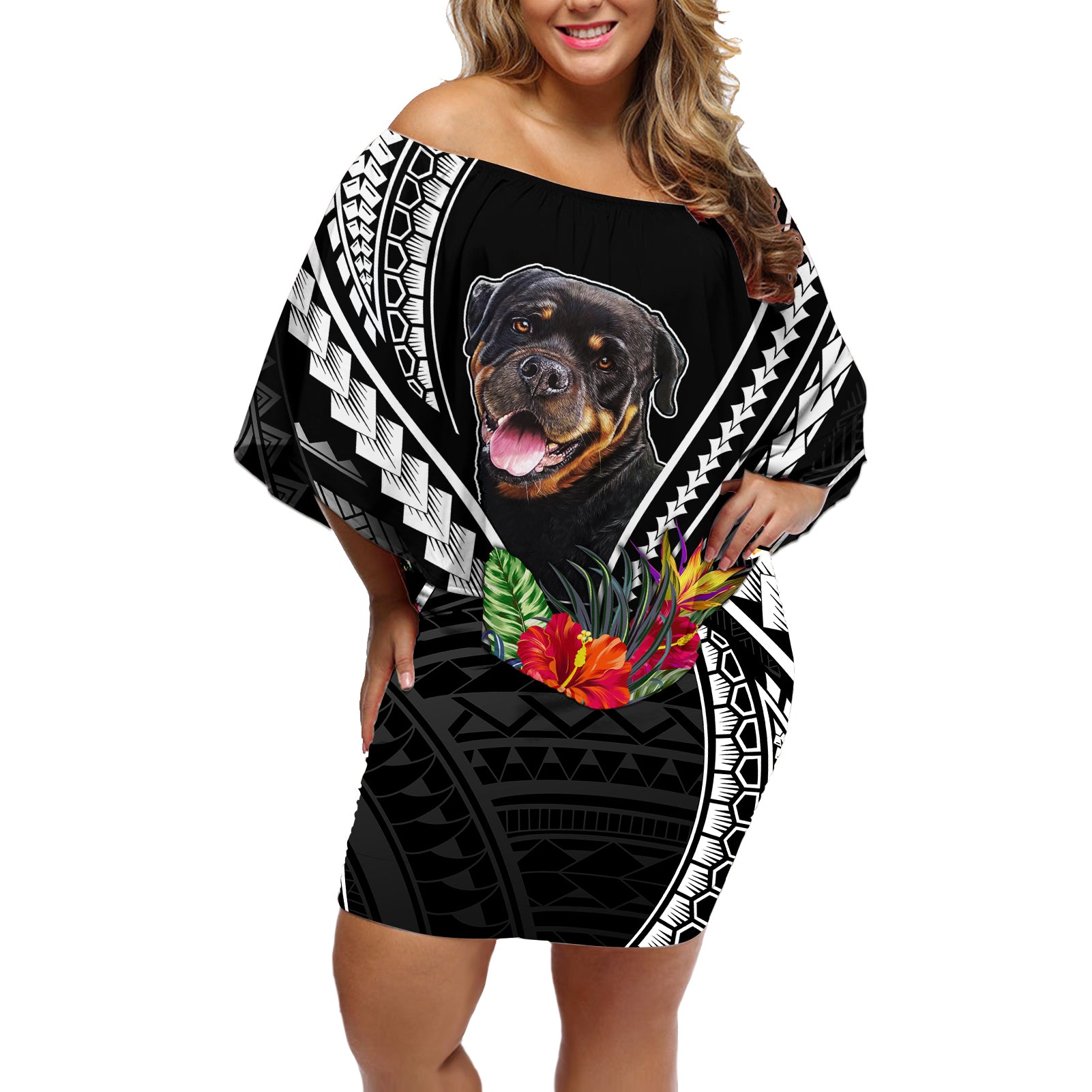 Personalised Polynesian Dog Off Shoulder Short Dress Rottweiler With Polynesia Pattern Curve Style LT7 Women Black - Polynesian Pride