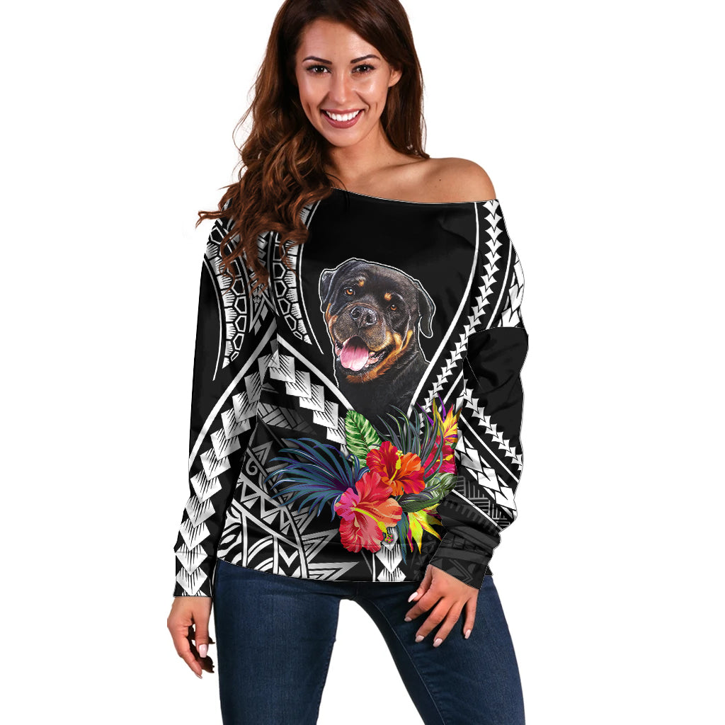 Personalised Polynesian Dog Off Shoulder Sweater Rottweiler With Polynesia Pattern Curve Style LT7 Women Black - Polynesian Pride