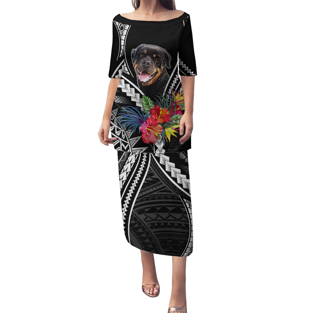 Personalised Polynesian Dog Puletasi Rottweiler With Polynesia Pattern Curve Style LT7 Long Dress Black - Polynesian Pride