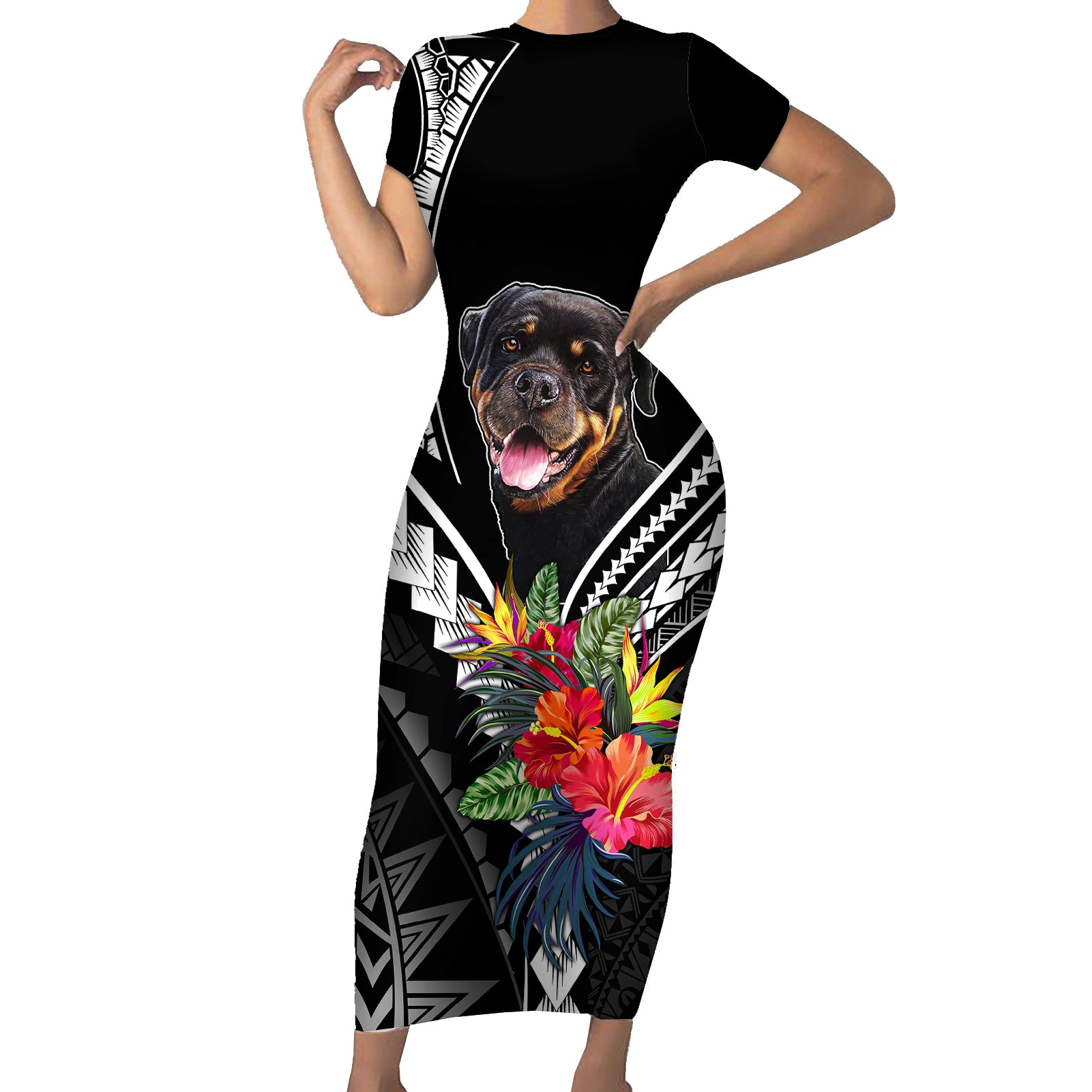 Personalised Polynesian Dog Short Sleeve Bodycon Dress Rottweiler With Polynesia Pattern Curve Style LT7 Long Dress Black - Polynesian Pride