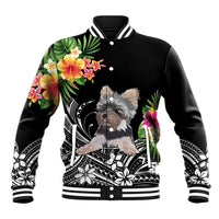 Personalised Polynesian Baseball Jacket With Yorkshire Terrier Floral Style LT7 Unisex Black - Polynesian Pride