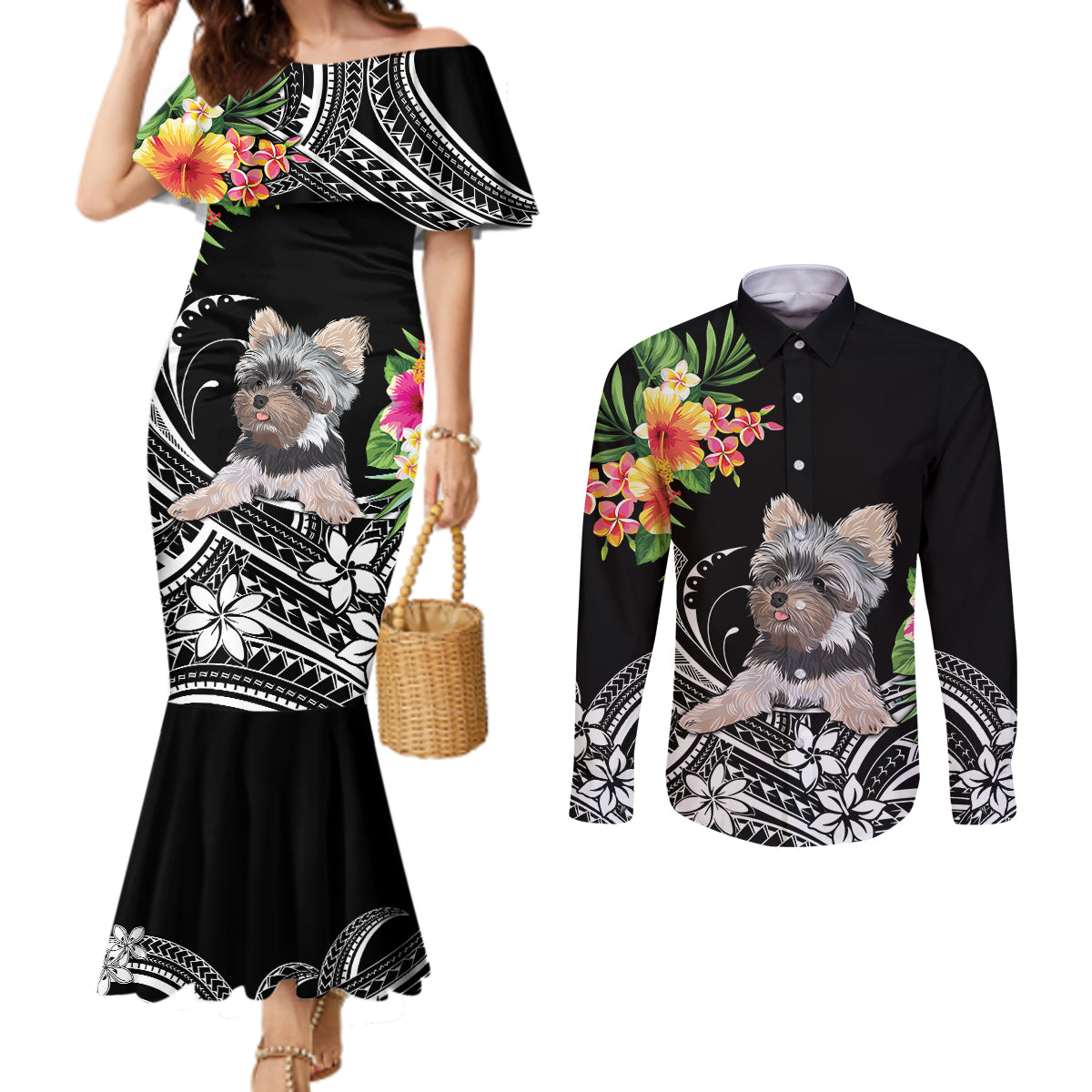 Personalised Polynesian Couples Matching Mermaid Dress and Long Sleeve Button Shirts With Yorkshire Terrier Floral Style LT7 Black - Polynesian Pride