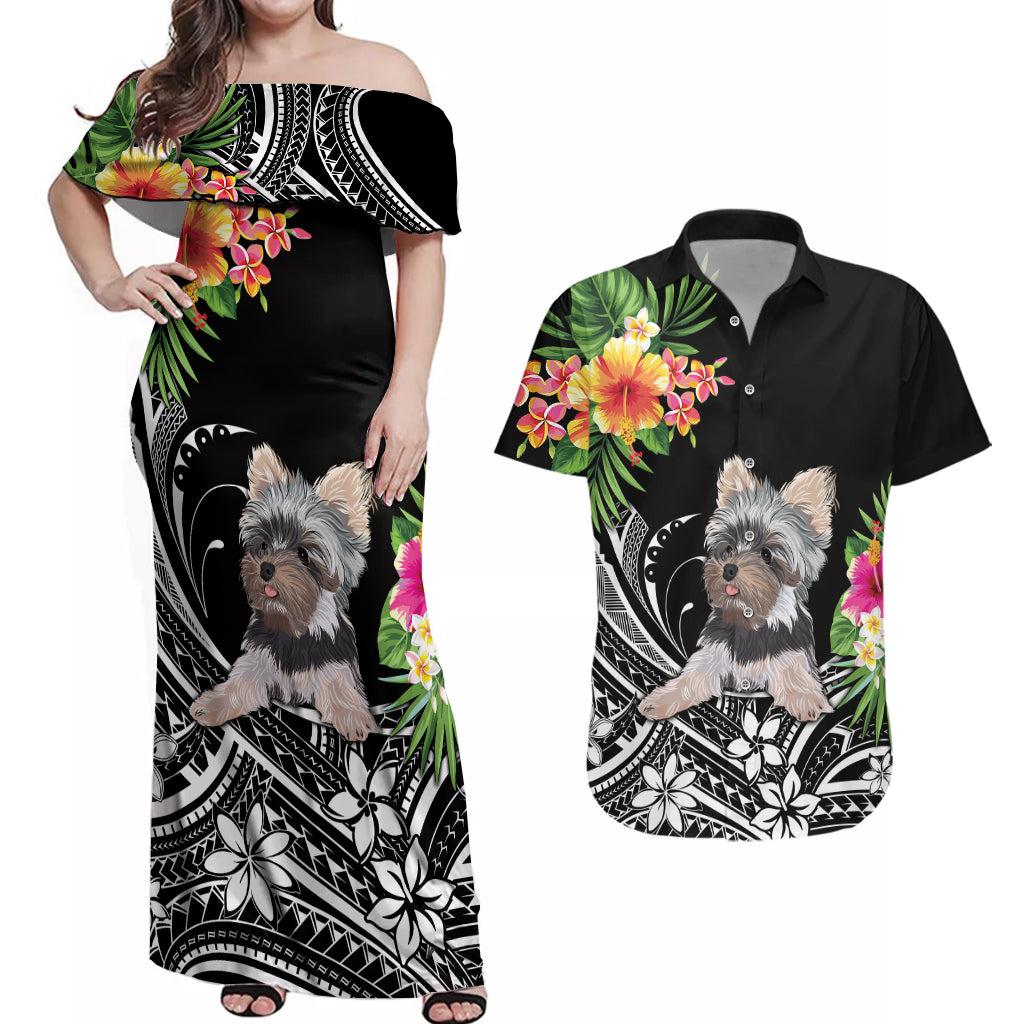 Personalised Polynesian Couples Matching Off Shoulder Maxi Dress and Hawaiian Shirt With Yorkshire Terrier Floral Style LT7 Black - Polynesian Pride