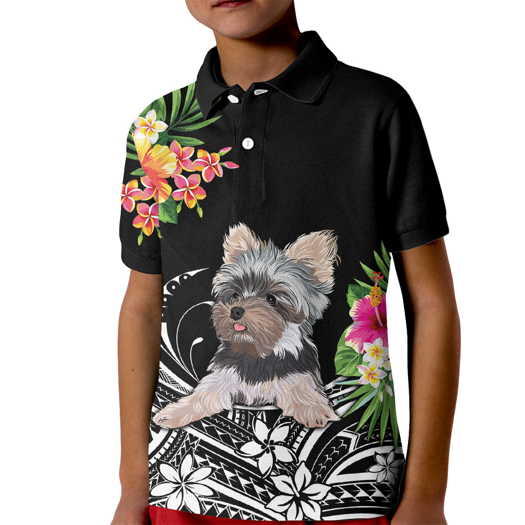 Personalised Polynesian Kid Polo Shirt With Yorkshire Terrier Floral Style LT7 Kid Black - Polynesian Pride