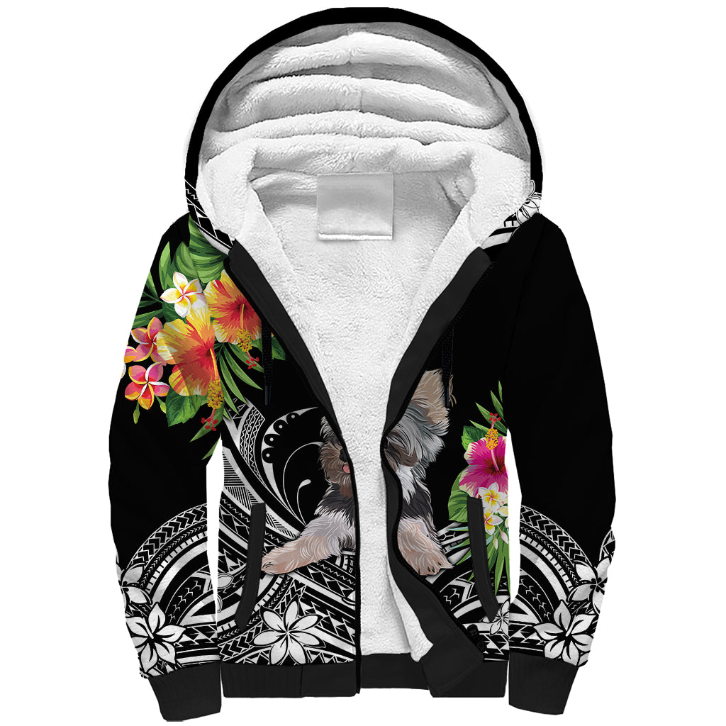 Personalised Polynesian Sherpa Hoodie With Yorkshire Terrier Floral Style LT7 Unisex Black - Polynesian Pride