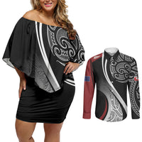 Aotearoa Maori Rugby Custom Couples Matching Off Shoulder Short Dress and Long Sleeve Button Shirt Kapa O Pango LT7 Black - Polynesian Pride