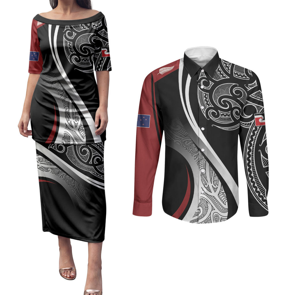 Aotearoa Maori Rugby Custom Couples Matching Puletasi and Long Sleeve Button Shirt Kapa O Pango LT7 Black - Polynesian Pride