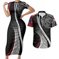 Aotearoa Maori Rugby Custom Couples Matching Short Sleeve Bodycon Dress and Hawaiian Shirt Kapa O Pango LT7 Black - Polynesian Pride