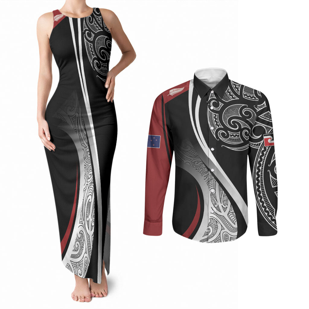 Aotearoa Maori Rugby Custom Couples Matching Tank Maxi Dress and Long Sleeve Button Shirt Kapa O Pango LT7 Black - Polynesian Pride