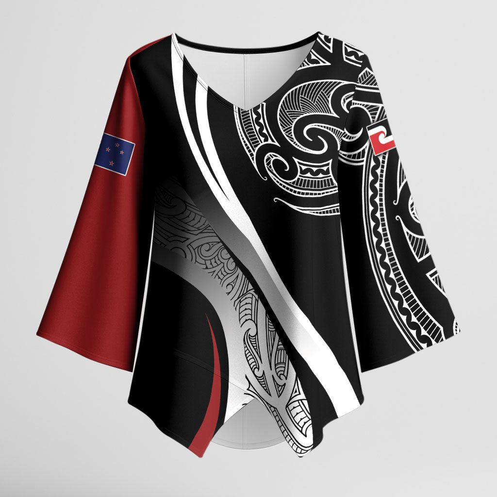 Aotearoa Maori Rugby Custom Kimono Sleeve Blouse Kapa O Pango LT7 Female Black - Polynesian Pride