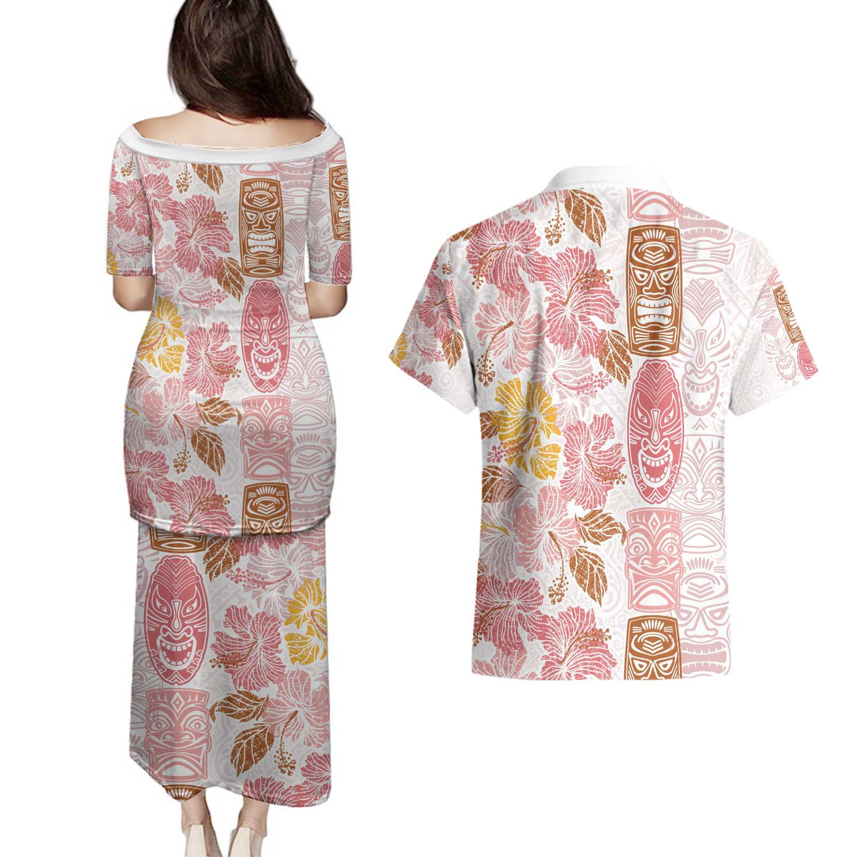 Christmas Aloha Hawaii Tiki Couples Matching Puletasi and Hawaiian Shirt Hibiscus Spring Colors - Polynesian Pride