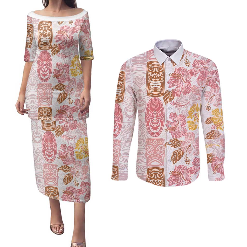 Christmas Aloha Hawaii Tiki Couples Matching Puletasi and Long Sleeve Button Shirt Hibiscus Spring Colors - Polynesian Pride