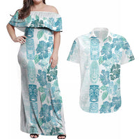 Christmas Aloha Hawaii Tiki Couples Matching Off Shoulder Maxi Dress and Hawaiian Shirt Hibiscus Summer Colors - Polynesian Pride