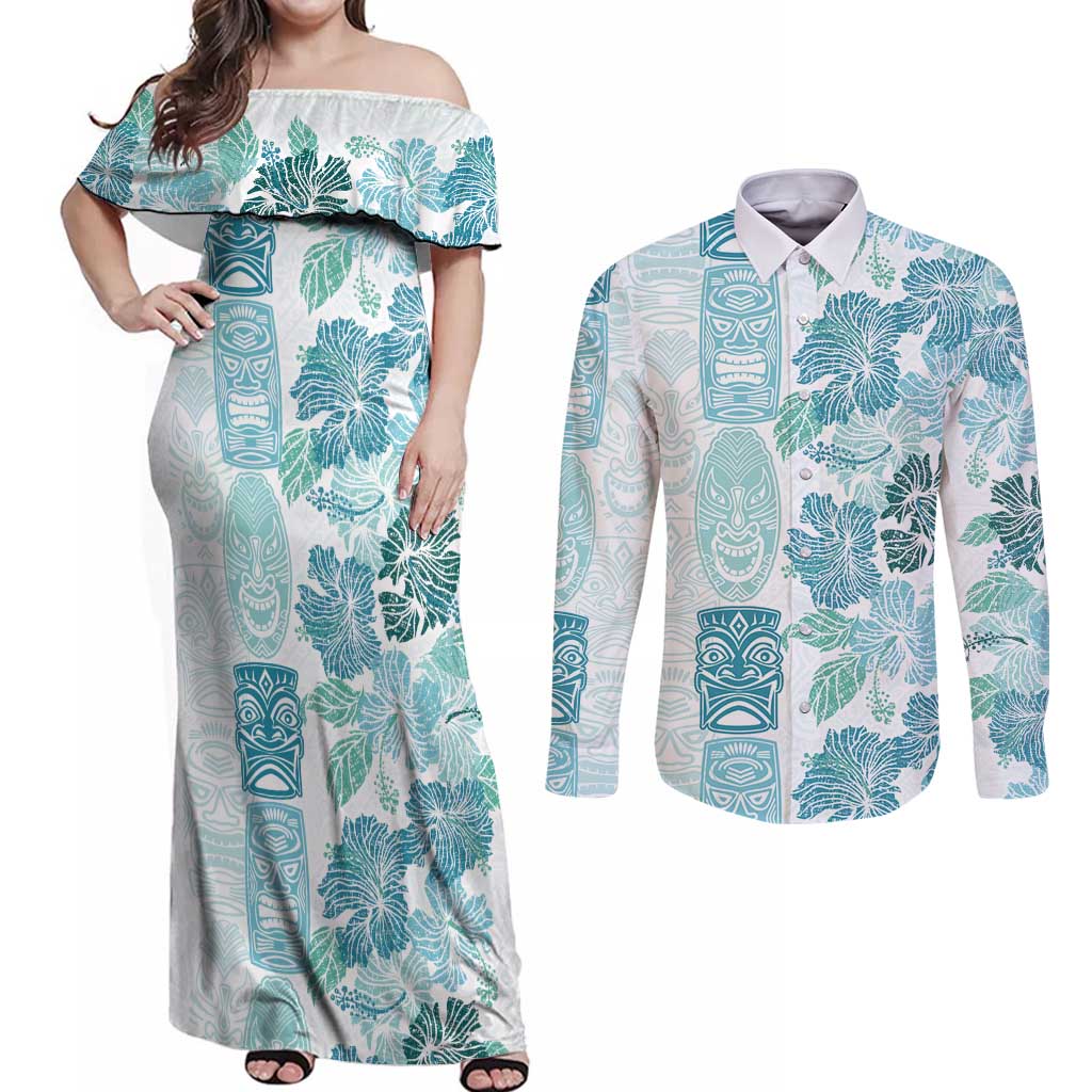Christmas Aloha Hawaii Tiki Couples Matching Off Shoulder Maxi Dress and Long Sleeve Button Shirt Hibiscus Summer Colors - Polynesian Pride