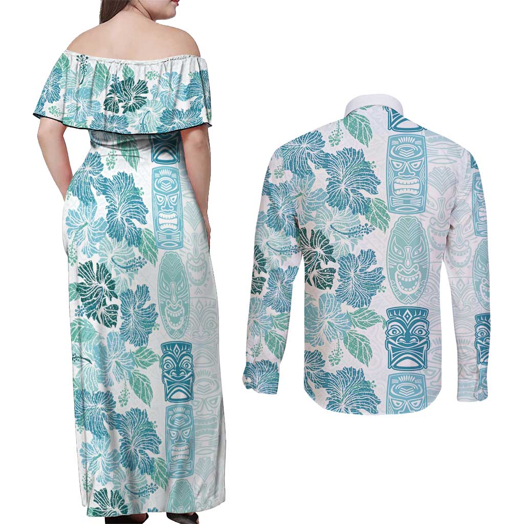 Christmas Aloha Hawaii Tiki Couples Matching Off Shoulder Maxi Dress and Long Sleeve Button Shirt Hibiscus Summer Colors - Polynesian Pride