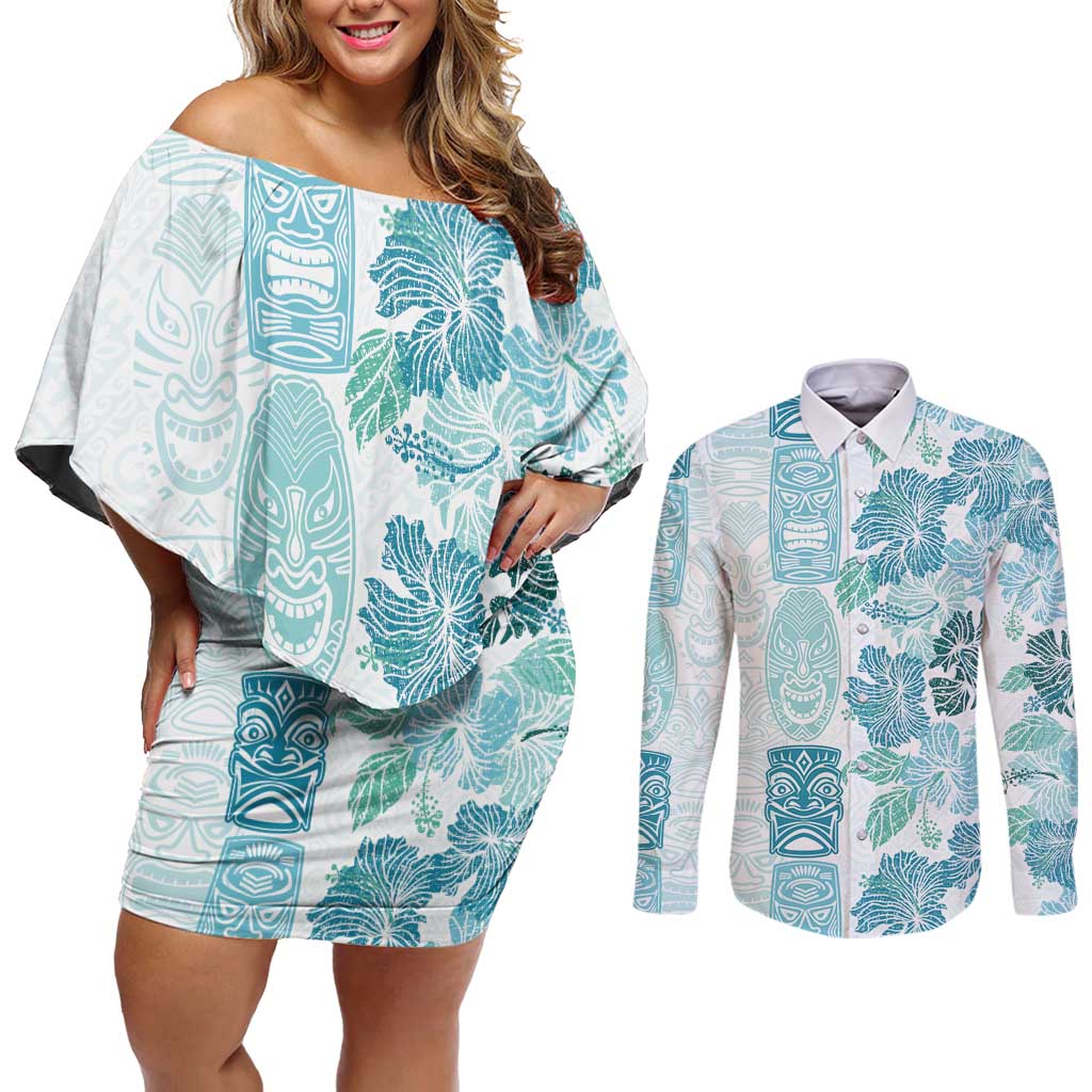 Christmas Aloha Hawaii Tiki Couples Matching Off Shoulder Short Dress and Long Sleeve Button Shirt Hibiscus Summer Colors - Polynesian Pride