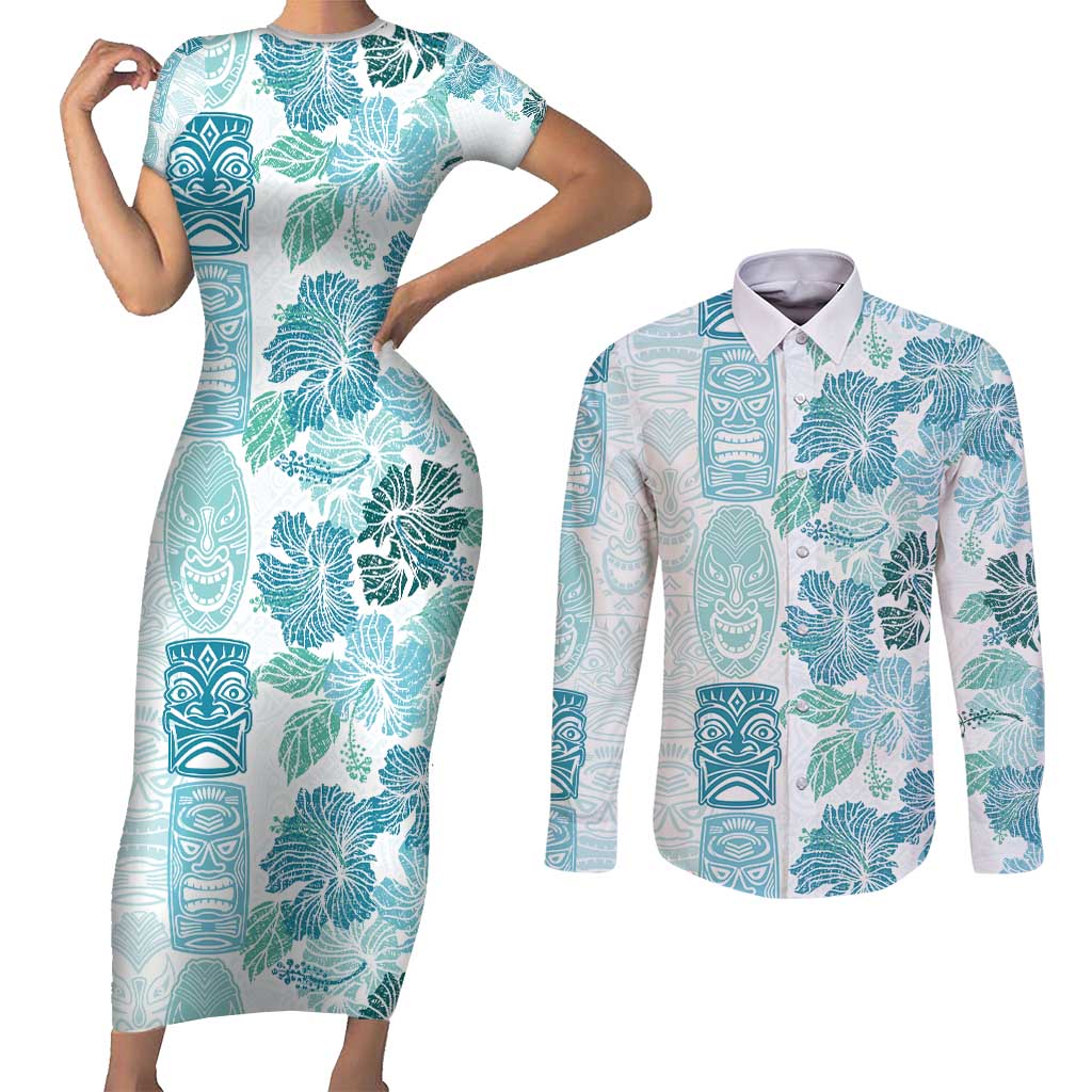 Christmas Aloha Hawaii Tiki Couples Matching Short Sleeve Bodycon Dress and Long Sleeve Button Shirt Hibiscus Summer Colors - Polynesian Pride