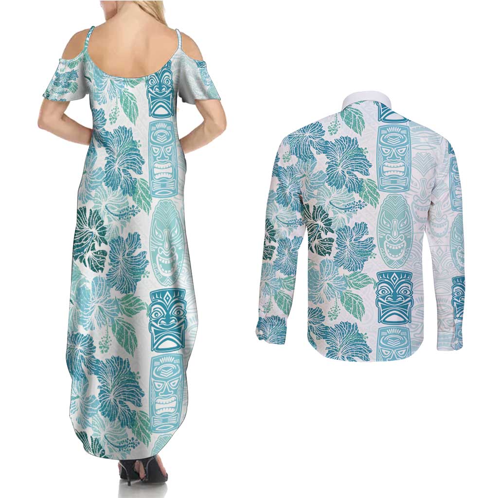 Christmas Aloha Hawaii Tiki Couples Matching Summer Maxi Dress and Long Sleeve Button Shirt Hibiscus Summer Colors - Polynesian Pride