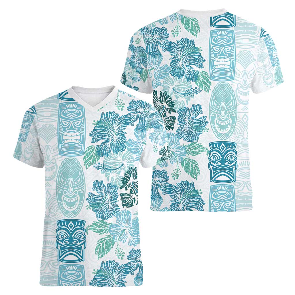 Christmas Aloha Hawaii Tiki Women V-Neck T-Shirt Hibiscus Summer Colors - Polynesian Pride