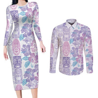 Christmas Aloha Hawaii Tiki Couples Matching Long Sleeve Bodycon Dress and Long Sleeve Button Shirt Hibiscus Winter Colors - Polynesian Pride