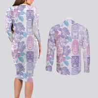 Christmas Aloha Hawaii Tiki Couples Matching Long Sleeve Bodycon Dress and Long Sleeve Button Shirt Hibiscus Winter Colors - Polynesian Pride
