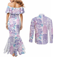 Christmas Aloha Hawaii Tiki Couples Matching Mermaid Dress and Long Sleeve Button Shirt Hibiscus Winter Colors - Polynesian Pride