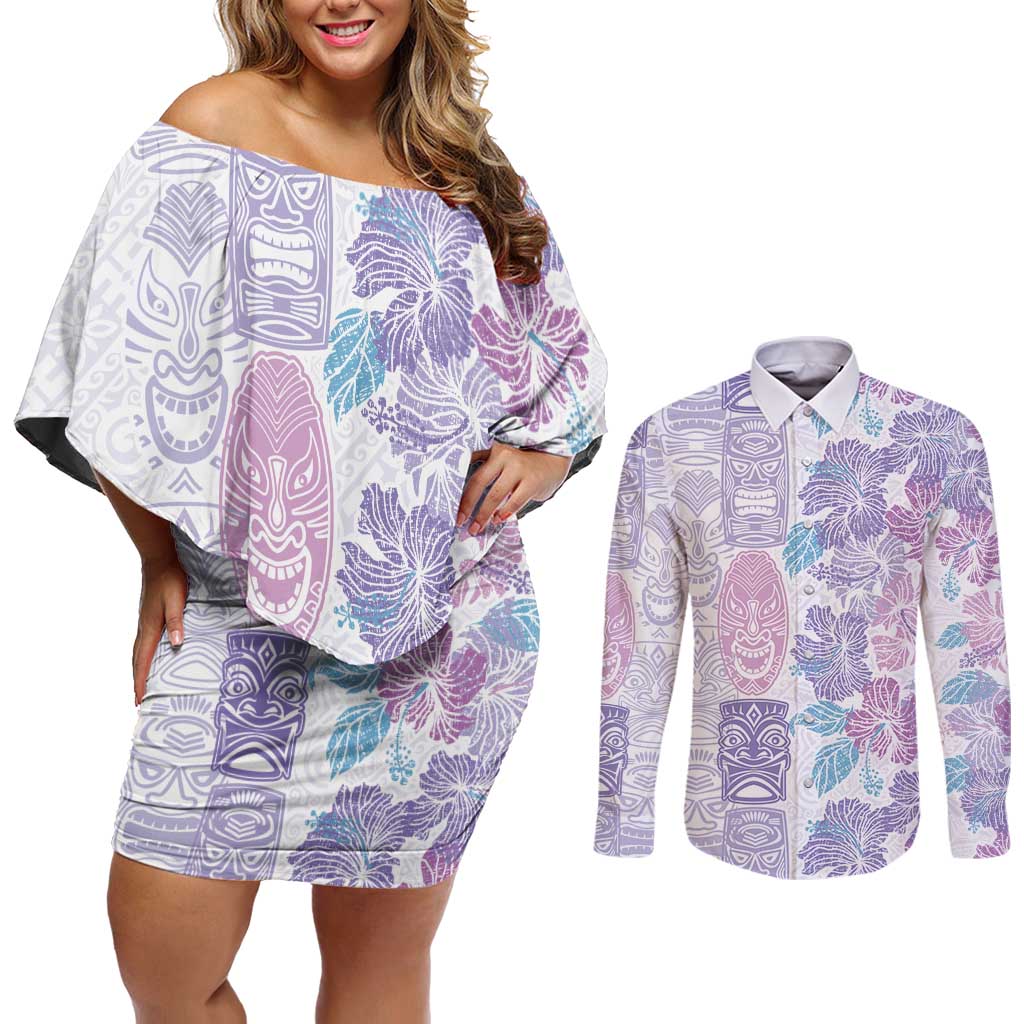 Christmas Aloha Hawaii Tiki Couples Matching Off Shoulder Short Dress and Long Sleeve Button Shirt Hibiscus Winter Colors - Polynesian Pride