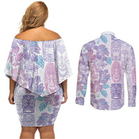 Christmas Aloha Hawaii Tiki Couples Matching Off Shoulder Short Dress and Long Sleeve Button Shirt Hibiscus Winter Colors - Polynesian Pride