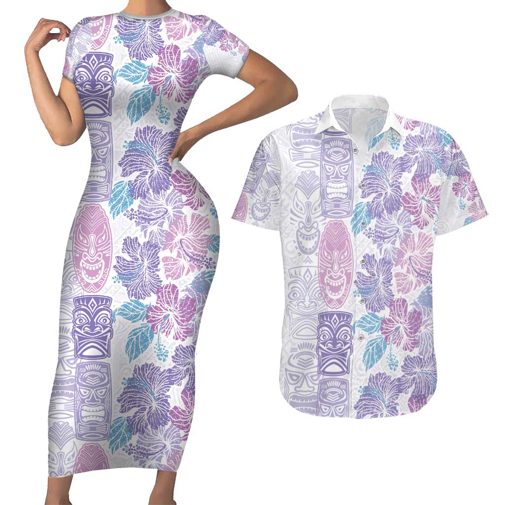 Christmas Aloha Hawaii Tiki Couples Matching Short Sleeve Bodycon Dress and Hawaiian Shirt Hibiscus Winter Colors - Polynesian Pride