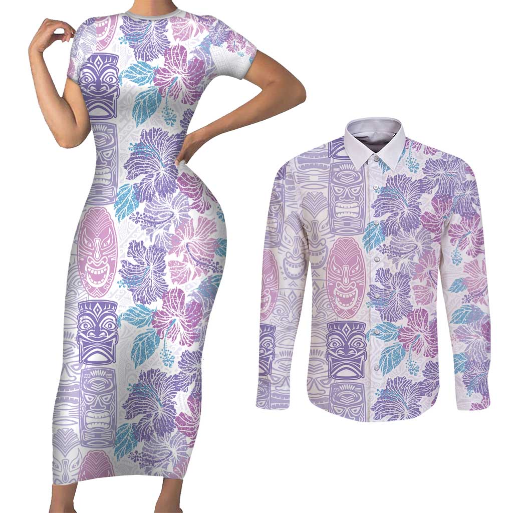 Christmas Aloha Hawaii Tiki Couples Matching Short Sleeve Bodycon Dress and Long Sleeve Button Shirt Hibiscus Winter Colors - Polynesian Pride