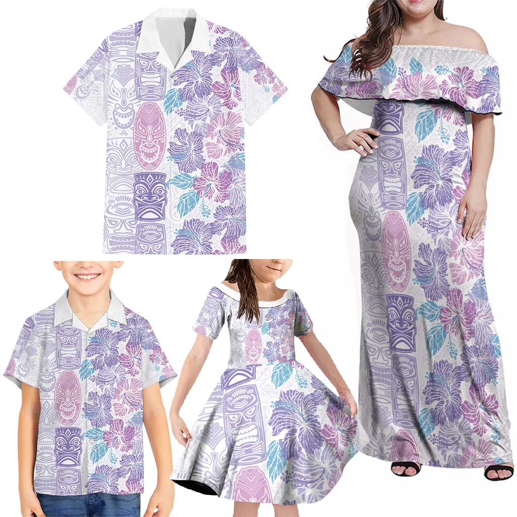 Christmas Aloha Hawaii Tiki Family Matching Off Shoulder Maxi Dress and Hawaiian Shirt Hibiscus Winter Colors - Polynesian Pride