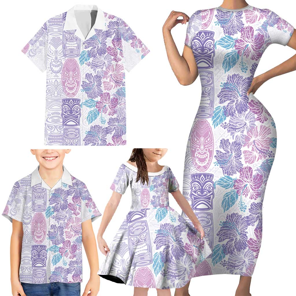 Christmas Aloha Hawaii Tiki Family Matching Short Sleeve Bodycon Dress and Hawaiian Shirt Hibiscus Winter Colors - Polynesian Pride