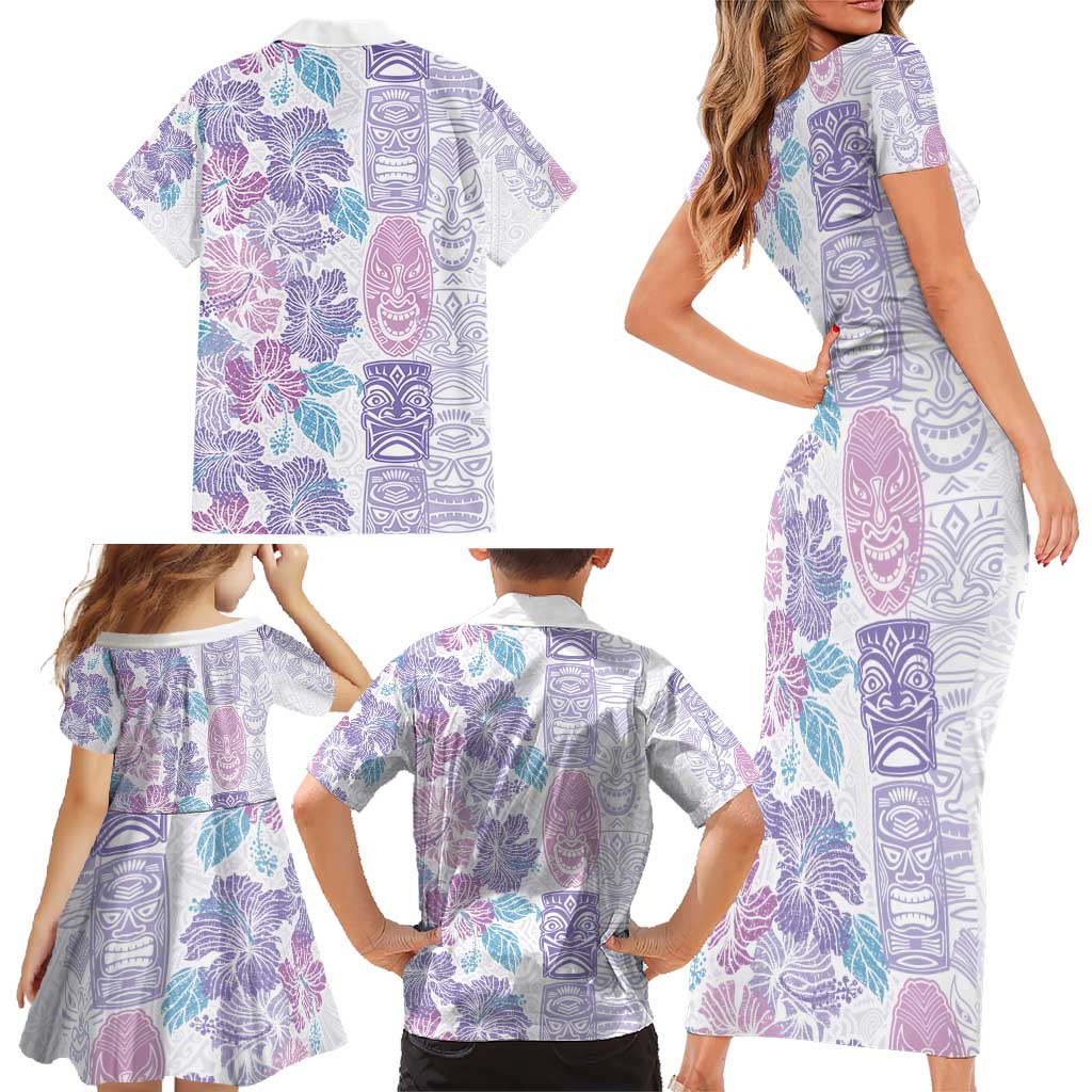 Christmas Aloha Hawaii Tiki Family Matching Short Sleeve Bodycon Dress and Hawaiian Shirt Hibiscus Winter Colors - Polynesian Pride