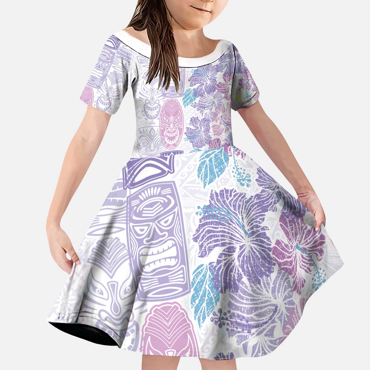 Christmas Aloha Hawaii Tiki Kid Short Sleeve Dress Hibiscus Winter Colors - Polynesian Pride