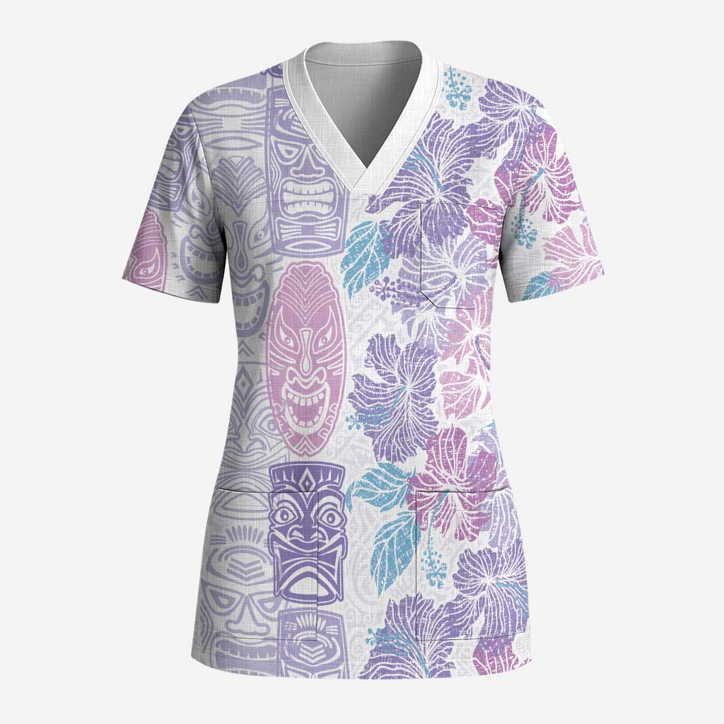 Christmas Aloha Hawaii Tiki Scrub Top Hibiscus Winter Colors - Polynesian Pride