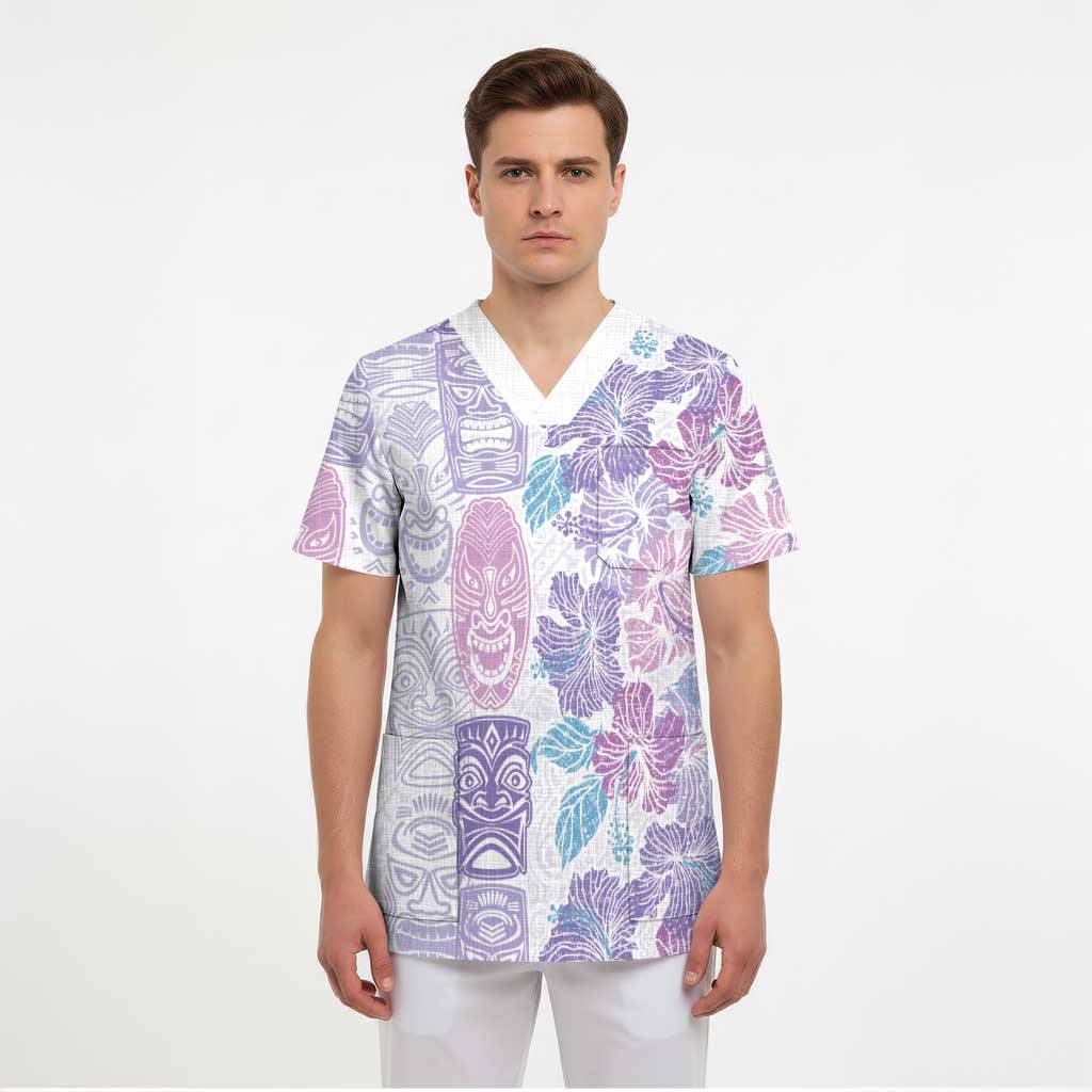 Christmas Aloha Hawaii Tiki Scrub Top Hibiscus Winter Colors - Polynesian Pride
