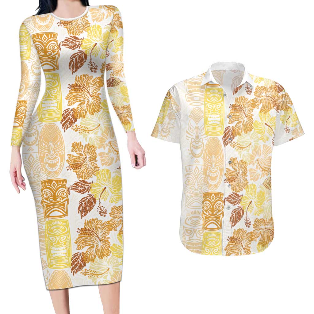 Christmas Aloha Hawaii Tiki Couples Matching Long Sleeve Bodycon Dress and Hawaiian Shirt Hibiscus Autumn Colors - Polynesian Pride