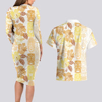 Christmas Aloha Hawaii Tiki Couples Matching Long Sleeve Bodycon Dress and Hawaiian Shirt Hibiscus Autumn Colors - Polynesian Pride