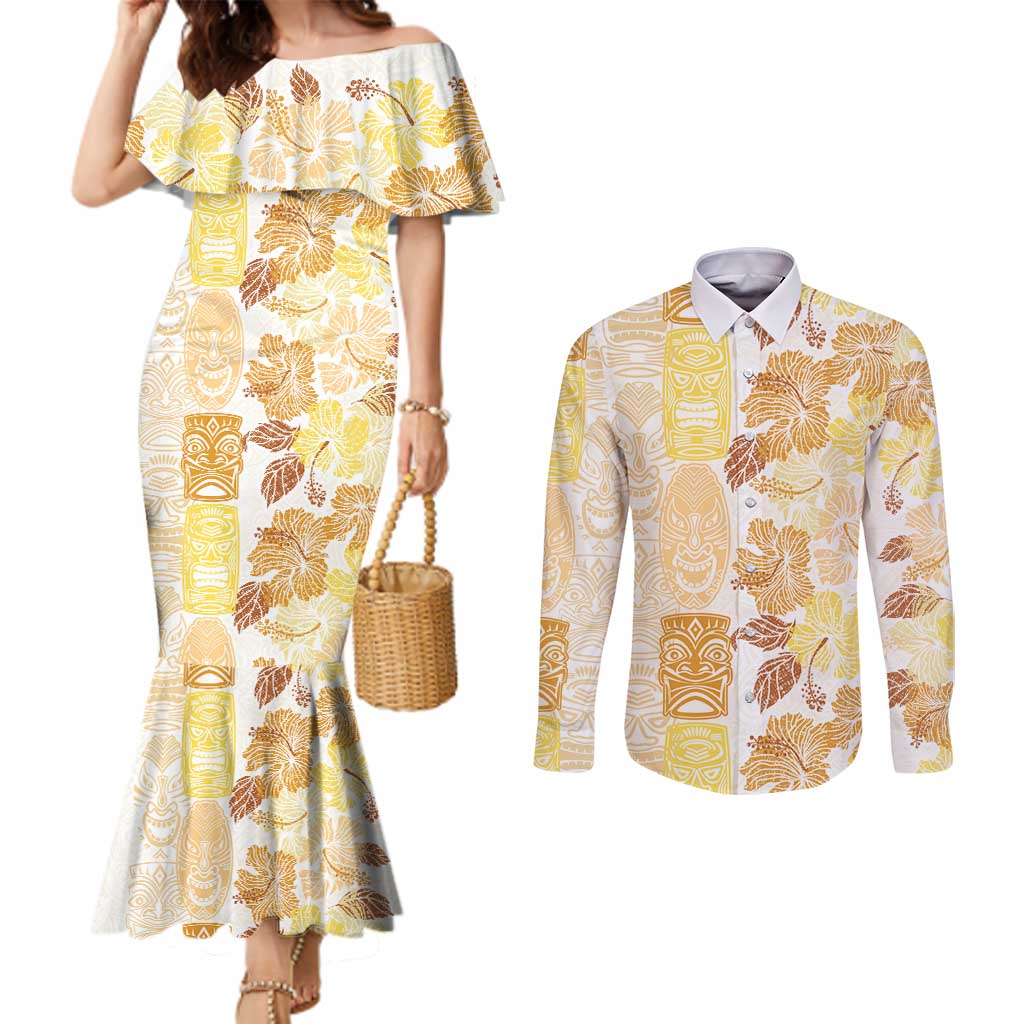 Christmas Aloha Hawaii Tiki Couples Matching Mermaid Dress and Long Sleeve Button Shirt Hibiscus Autumn Colors - Polynesian Pride
