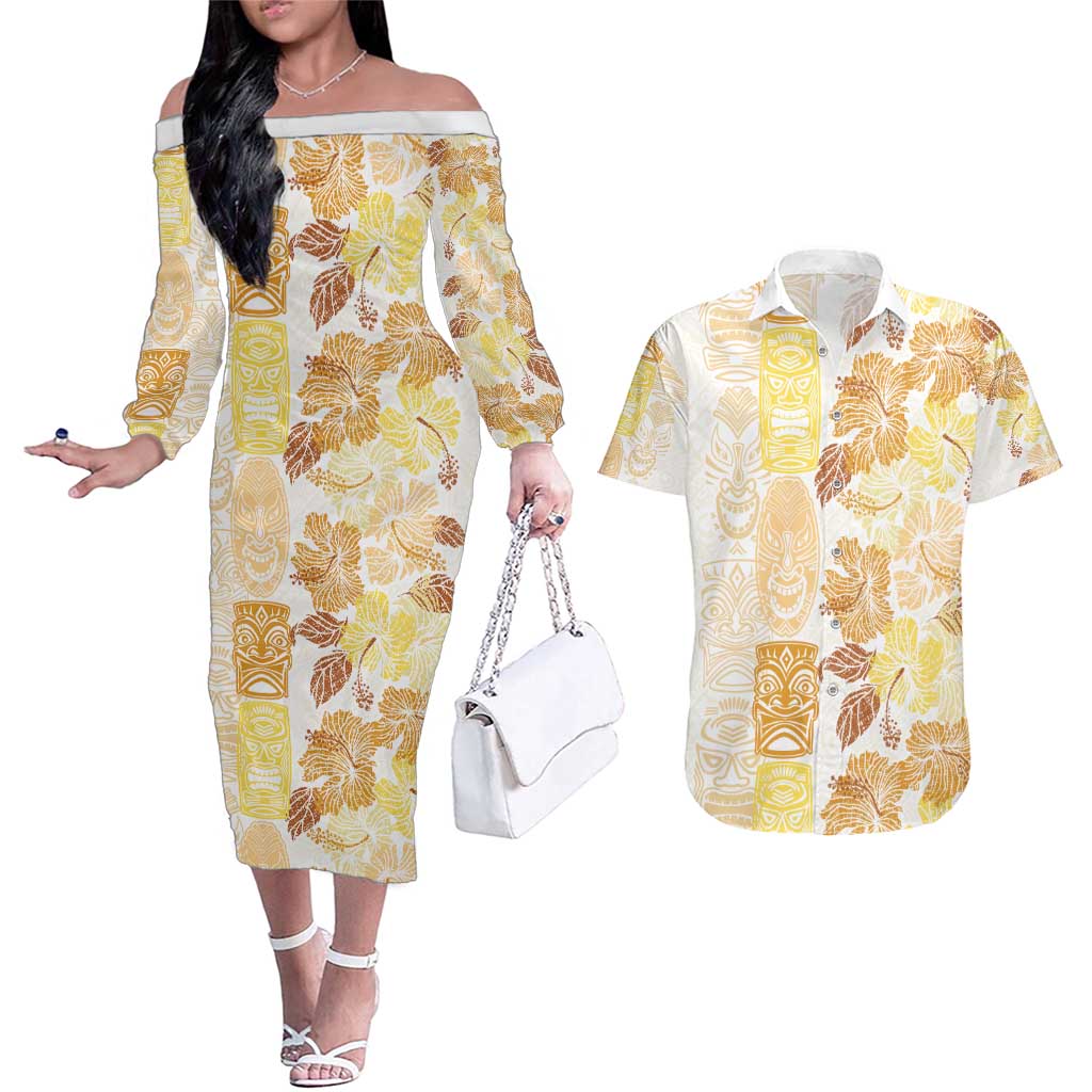 Christmas Aloha Hawaii Tiki Couples Matching Off The Shoulder Long Sleeve Dress and Hawaiian Shirt Hibiscus Autumn Colors - Polynesian Pride